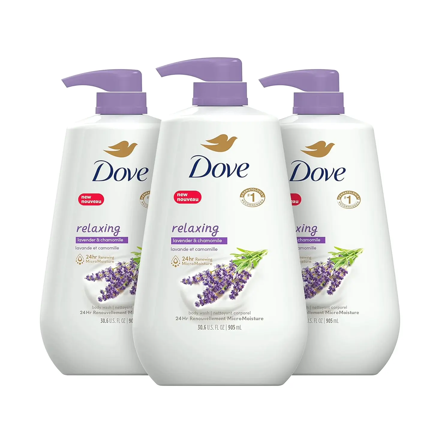 Dove Lavender-Infused Body Cleansing Gel with Pump, 3 Count , Renewed Skin 30.6