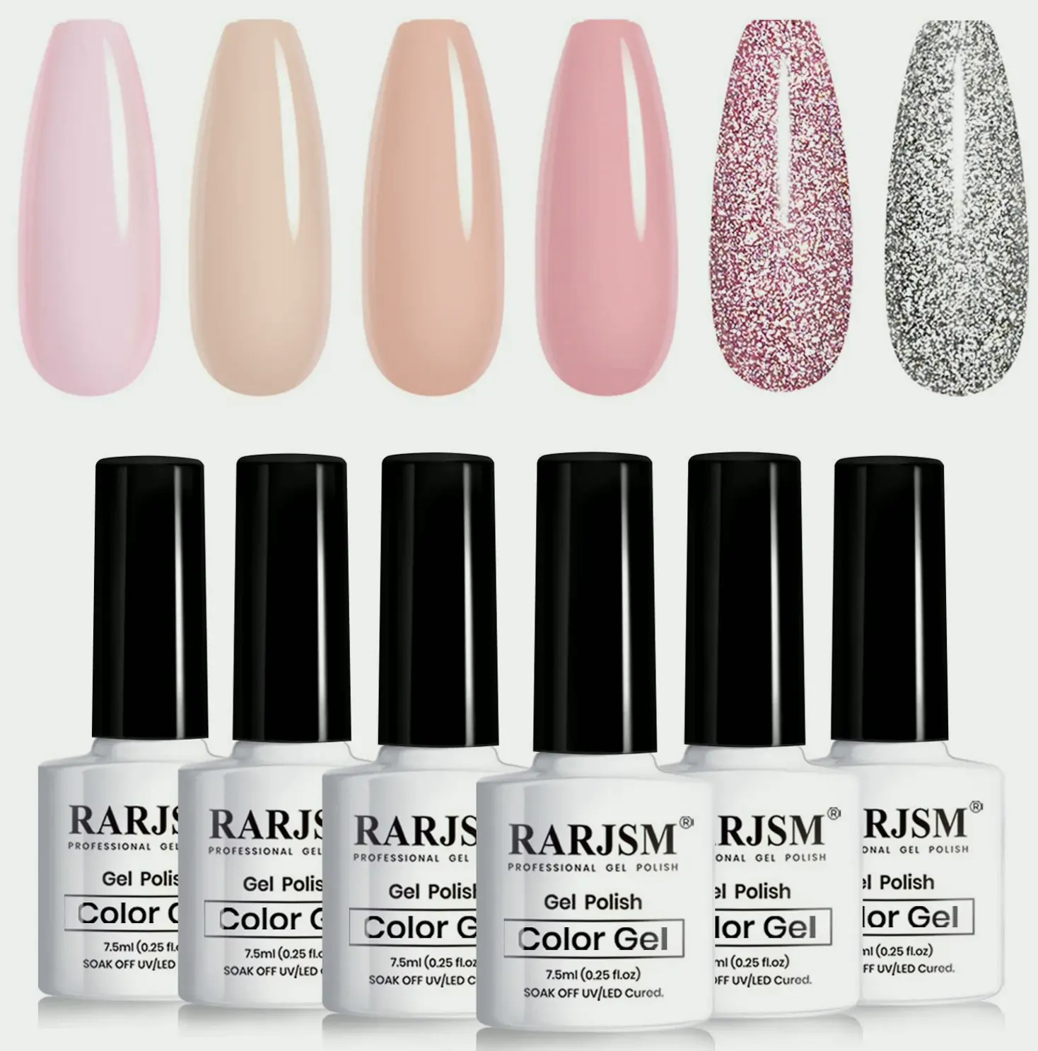 Natural Gel Lacquer Set: 6 Sheer Shades with Silver Pink Sparkle - 7.5ml